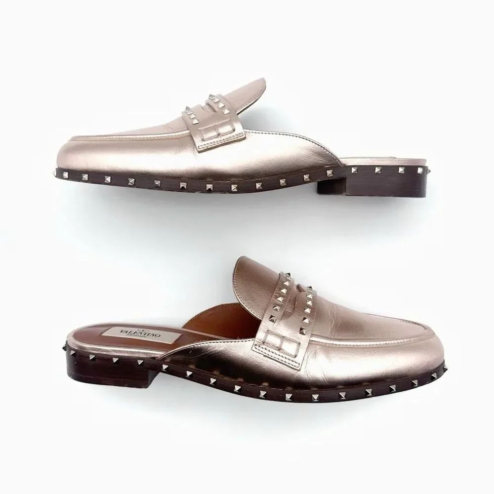 VALENTINO Metallic Rose Gold Soul Rockstud Mules Loafers Size 37 US 7 Micro Stud - Picture 8 of 11